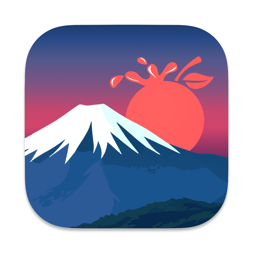 Icon of the app with Mount Fuji at dawn with a juicy apple as sun